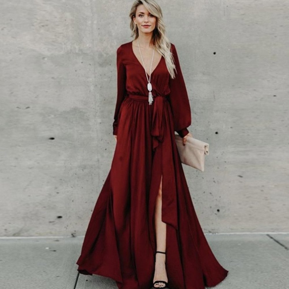 Satin Grecian Surplice Maxi Dress